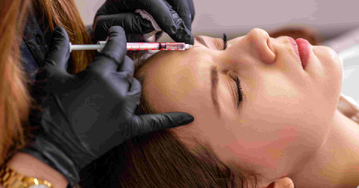 A close-up shot of a doctor with black gloves injecting a woman's forehead with a syringe for TRUTH Dysport_Botox in Lakewood, CO.
