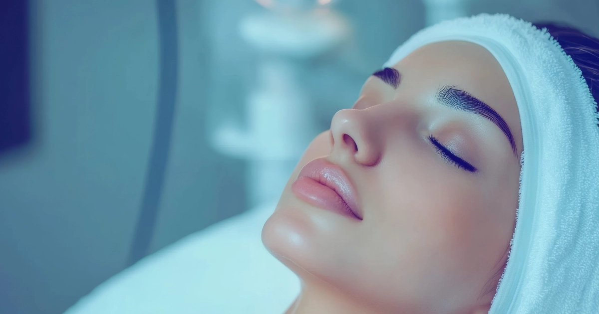 A woman lying down with her eyes closed during a Rejuvenating Oxygen Facial in Lakewood, CO, wearing a white headband.
