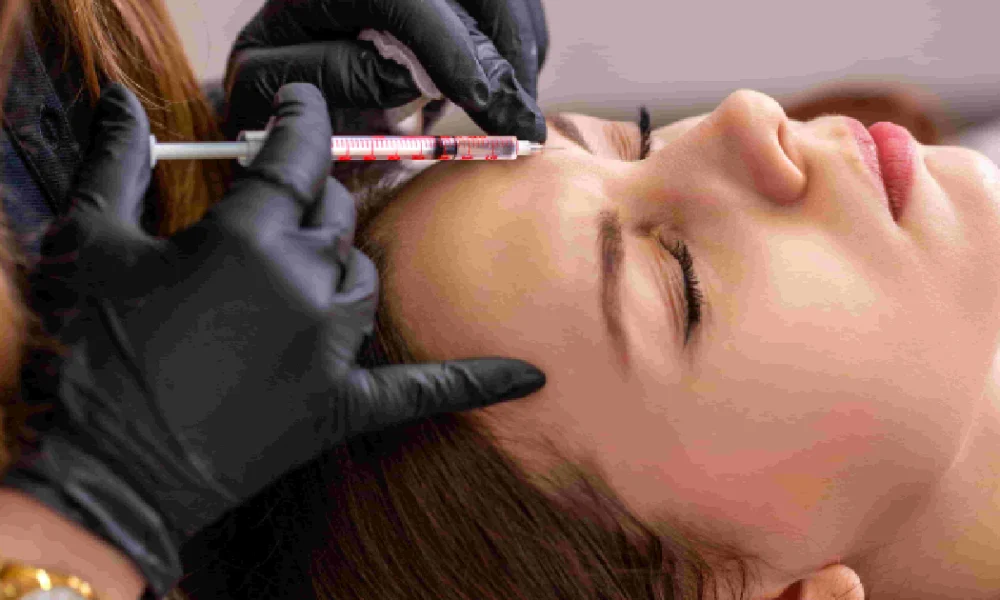 A close-up shot of a doctor with black gloves injecting a woman's forehead with a syringe for TRUTH Dysport_Botox in Lakewood, CO.